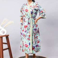 Long Cotton Indian Beach Kimono Robe - Blue Flower Print | Kimono Robe, Shower Robe, Maternity Robe, Bathrobe, Dressing Gown, Beachwear