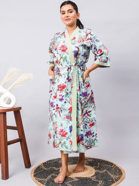 Long Cotton Indian Beach Kimono Robe - Blue Flower Print | Kimono Robe, Shower Robe, Maternity Robe, Bathrobe, Dressing Gown, Beachwear