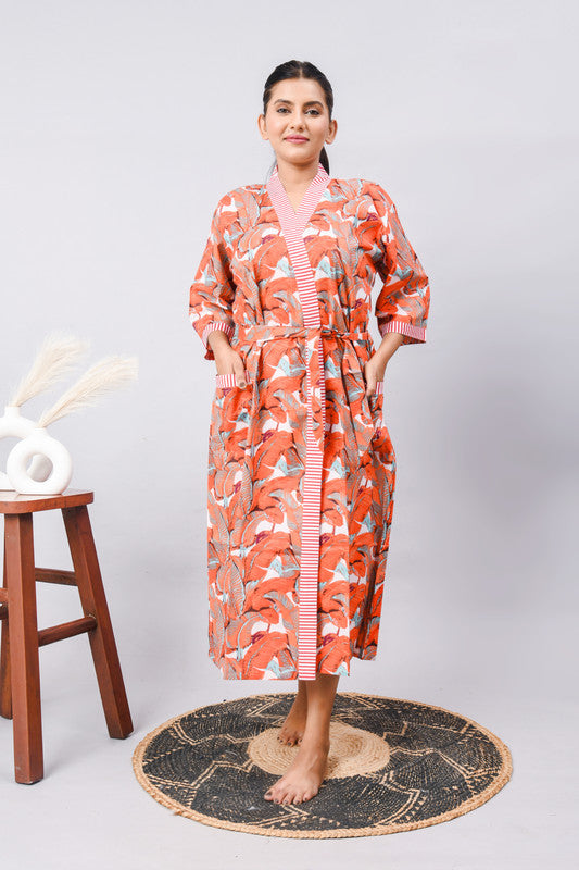 Long Cotton Indian Beach Kimono Robe - ORANGE Kimono Robe, Shower Robe, Maternity Robe, Bathrobe, Dressing Gown, Beachwear