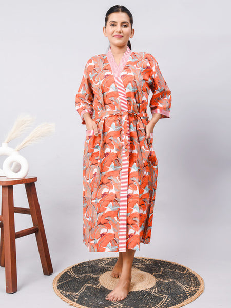 Long Cotton Indian Beach Kimono Robe - ORANGE Kimono Robe, Shower Robe, Maternity Robe, Bathrobe, Dressing Gown, Beachwear