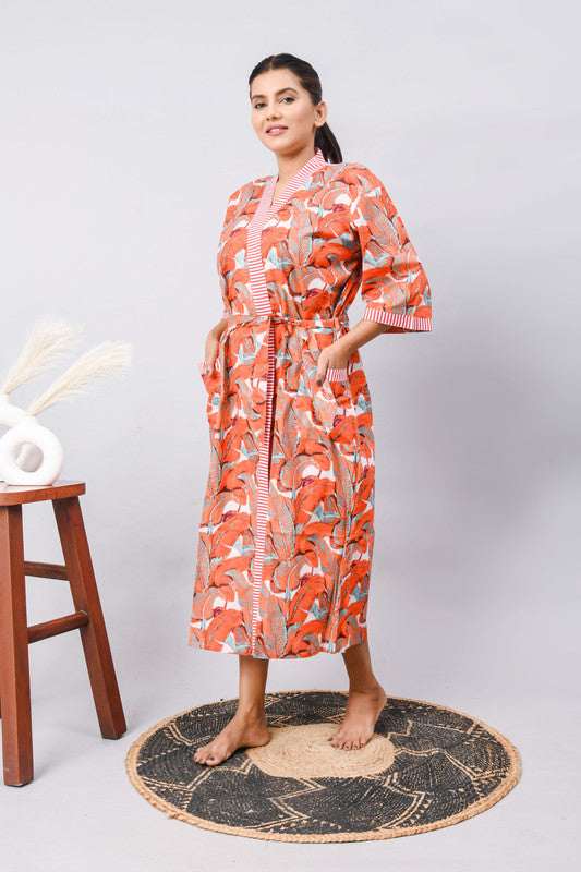 Long Cotton Indian Beach Kimono Robe - ORANGE Kimono Robe, Shower Robe, Maternity Robe, Bathrobe, Dressing Gown, Beachwear