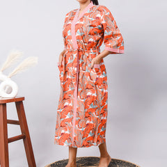 Long Cotton Indian Beach Kimono Robe - ORANGE Kimono Robe, Shower Robe, Maternity Robe, Bathrobe, Dressing Gown, Beachwear