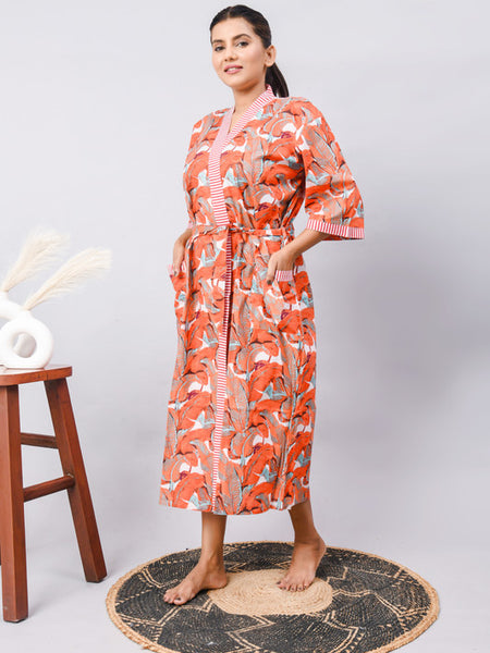 Long Cotton Indian Beach Kimono Robe - ORANGE Kimono Robe, Shower Robe, Maternity Robe, Bathrobe, Dressing Gown, Beachwear