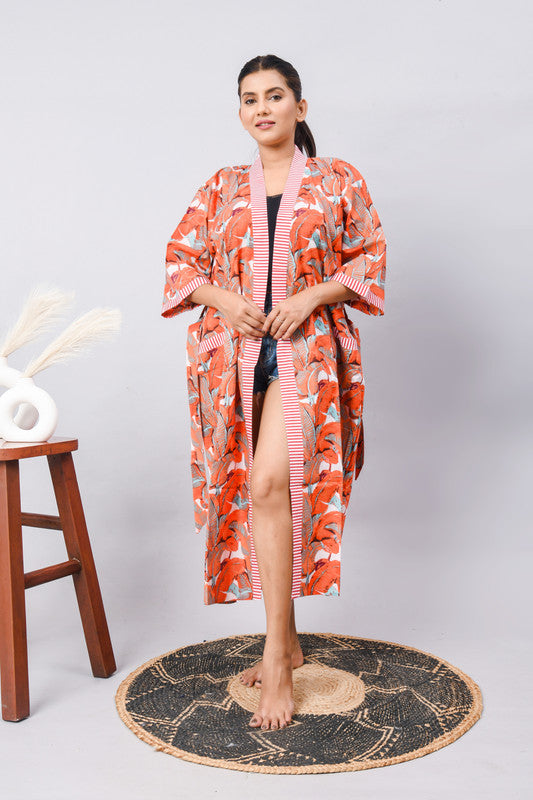 Long Cotton Indian Beach Kimono Robe - ORANGE Kimono Robe, Shower Robe, Maternity Robe, Bathrobe, Dressing Gown, Beachwear