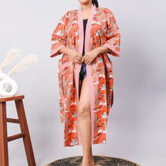 Long Cotton Indian Beach Kimono Robe - ORANGE Kimono Robe, Shower Robe, Maternity Robe, Bathrobe, Dressing Gown, Beachwear