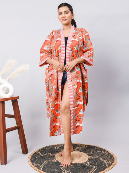 Long Cotton Indian Beach Kimono Robe - ORANGE Kimono Robe, Shower Robe, Maternity Robe, Bathrobe, Dressing Gown, Beachwear