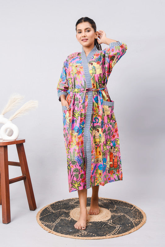 Cotton Indian Beach Kimono Robe - PINK Kimono Robe, Shower Robe, Maternity Robe, Bathrobe, Dressing Gown & Beachwear