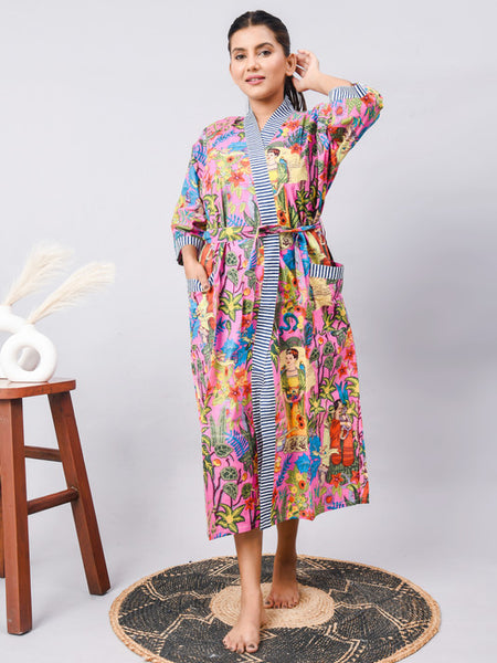 Cotton Indian Beach Kimono Robe - PINK Kimono Robe, Shower Robe, Maternity Robe, Bathrobe, Dressing Gown & Beachwear