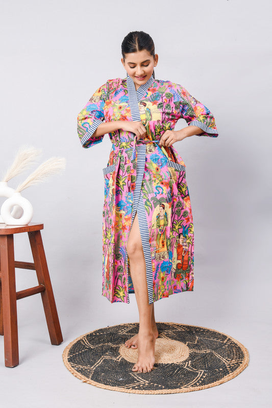 Cotton Indian Beach Kimono Robe - PINK Kimono Robe, Shower Robe, Maternity Robe, Bathrobe, Dressing Gown & Beachwear