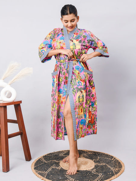Cotton Indian Beach Kimono Robe - PINK Kimono Robe, Shower Robe, Maternity Robe, Bathrobe, Dressing Gown & Beachwear