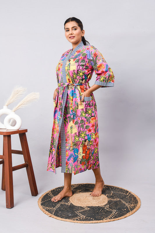 Cotton Indian Beach Kimono Robe - PINK Kimono Robe, Shower Robe, Maternity Robe, Bathrobe, Dressing Gown & Beachwear