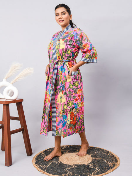 Cotton Indian Beach Kimono Robe - PINK Kimono Robe, Shower Robe, Maternity Robe, Bathrobe, Dressing Gown & Beachwear