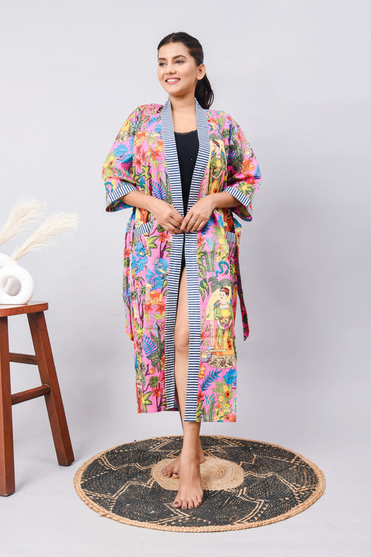 Cotton Indian Beach Kimono Robe - PINK Kimono Robe, Shower Robe, Maternity Robe, Bathrobe, Dressing Gown & Beachwear