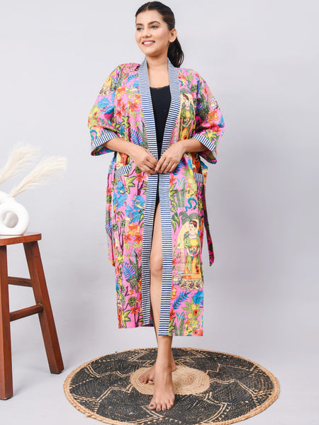 Cotton Indian Beach Kimono Robe - PINK Kimono Robe, Shower Robe, Maternity Robe, Bathrobe, Dressing Gown & Beachwear