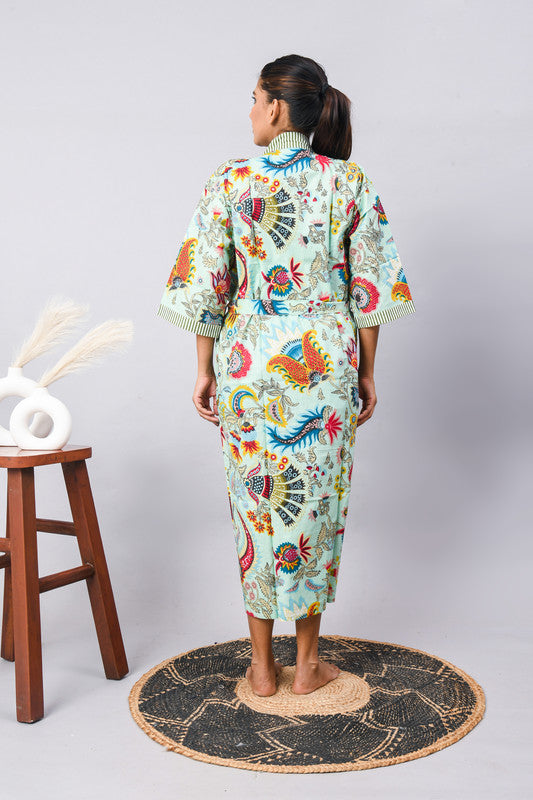 Cotton Indian Beach Kimono Robe - GREEN Kimono Robe, Shower Robe, Maternity Robe, Bathrobe, Dressing Gown & Beachwear