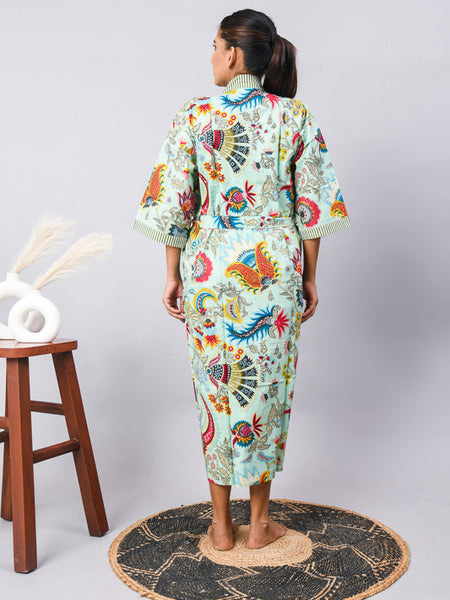 Cotton Indian Beach Kimono Robe - GREEN Kimono Robe, Shower Robe, Maternity Robe, Bathrobe, Dressing Gown & Beachwear