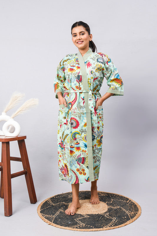Cotton Indian Beach Kimono Robe - GREEN Kimono Robe, Shower Robe, Maternity Robe, Bathrobe, Dressing Gown & Beachwear