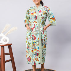 Cotton Indian Beach Kimono Robe - GREEN Kimono Robe, Shower Robe, Maternity Robe, Bathrobe, Dressing Gown & Beachwear