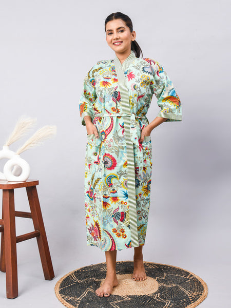 Cotton Indian Beach Kimono Robe - GREEN Kimono Robe, Shower Robe, Maternity Robe, Bathrobe, Dressing Gown & Beachwear