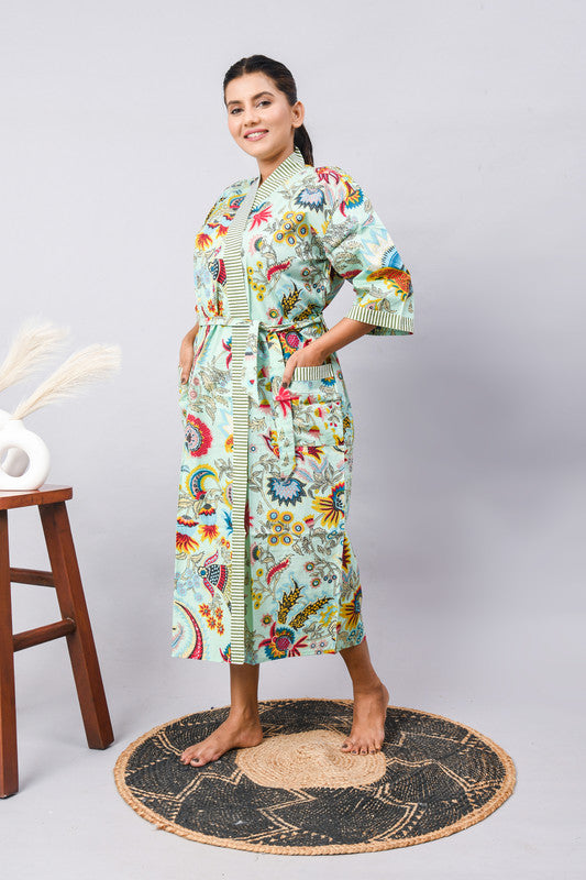 Cotton Indian Beach Kimono Robe - GREEN Kimono Robe, Shower Robe, Maternity Robe, Bathrobe, Dressing Gown & Beachwear