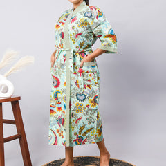 Cotton Indian Beach Kimono Robe - GREEN Kimono Robe, Shower Robe, Maternity Robe, Bathrobe, Dressing Gown & Beachwear