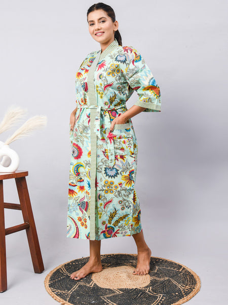 Cotton Indian Beach Kimono Robe - GREEN Kimono Robe, Shower Robe, Maternity Robe, Bathrobe, Dressing Gown & Beachwear