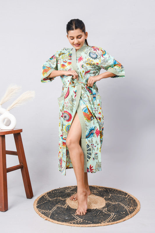 Cotton Indian Beach Kimono Robe - GREEN Kimono Robe, Shower Robe, Maternity Robe, Bathrobe, Dressing Gown & Beachwear