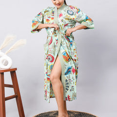 Cotton Indian Beach Kimono Robe - GREEN Kimono Robe, Shower Robe, Maternity Robe, Bathrobe, Dressing Gown & Beachwear