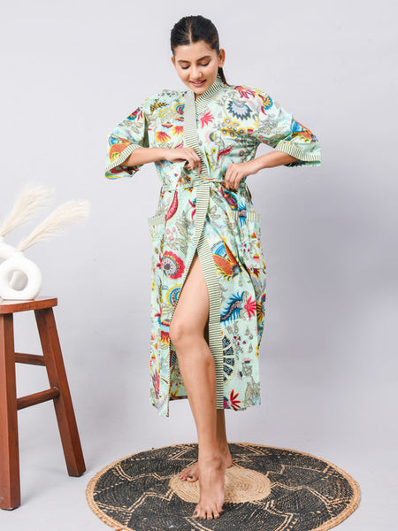 Cotton Indian Beach Kimono Robe - GREEN Kimono Robe, Shower Robe, Maternity Robe, Bathrobe, Dressing Gown & Beachwear