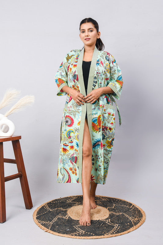 Cotton Indian Beach Kimono Robe - GREEN Kimono Robe, Shower Robe, Maternity Robe, Bathrobe, Dressing Gown & Beachwear