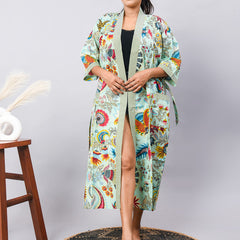 Cotton Indian Beach Kimono Robe - GREEN Kimono Robe, Shower Robe, Maternity Robe, Bathrobe, Dressing Gown & Beachwear