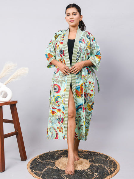 Cotton Indian Beach Kimono Robe - GREEN Kimono Robe, Shower Robe, Maternity Robe, Bathrobe, Dressing Gown & Beachwear