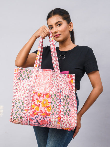 Women Shopping Bag, Cotton Quilted Tote Bag, Indian Handmade Bag, Party Bag, Large Market Bag, Shoulder Bag, Beach Bag, Eco Friendly Tote - 5