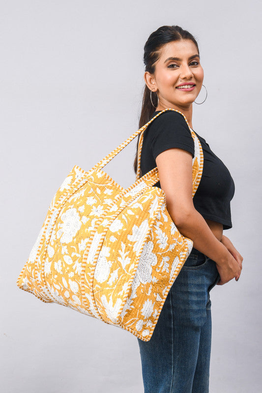 Jaipuri flower Print yellow Tote Bag Indian Cotton Quilted Tote Bag Shopping Carry Bag Hand Bag Shoulder Market Daily Use Tote Bag