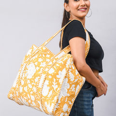 Jaipuri flower Print yellow Tote Bag Indian Cotton Quilted Tote Bag Shopping Carry Bag Hand Bag Shoulder Market Daily Use Tote Bag
