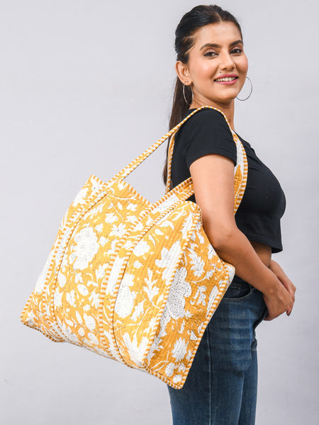 Jaipuri flower Print yellow Tote Bag Indian Cotton Quilted Tote Bag Shopping Carry Bag Hand Bag Shoulder Market Daily Use Tote Bag