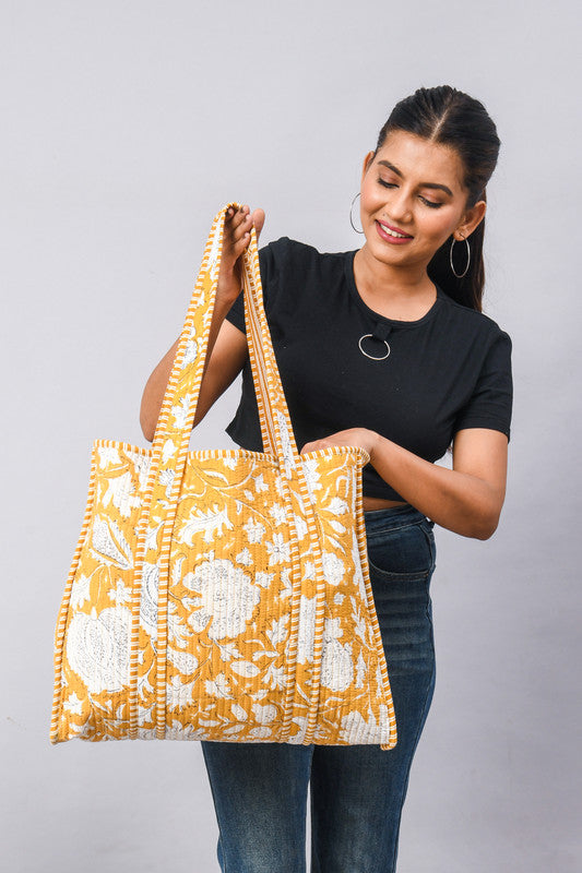 Jaipuri flower Print yellow Tote Bag Indian Cotton Quilted Tote Bag Shopping Carry Bag Hand Bag Shoulder Market Daily Use Tote Bag