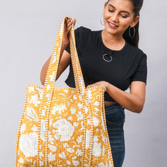 Jaipuri flower Print yellow Tote Bag Indian Cotton Quilted Tote Bag Shopping Carry Bag Hand Bag Shoulder Market Daily Use Tote Bag