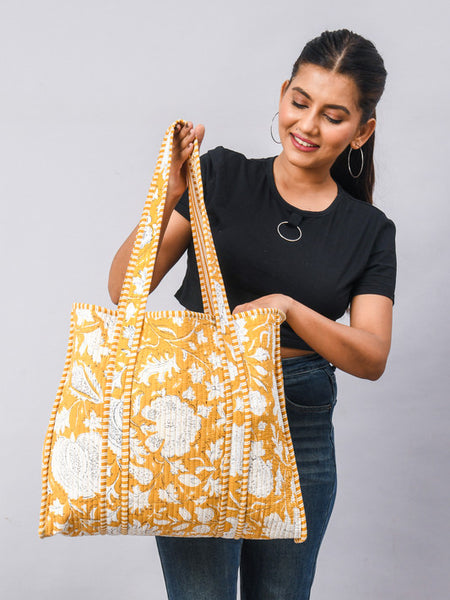 Jaipuri flower Print yellow Tote Bag Indian Cotton Quilted Tote Bag Shopping Carry Bag Hand Bag Shoulder Market Daily Use Tote Bag