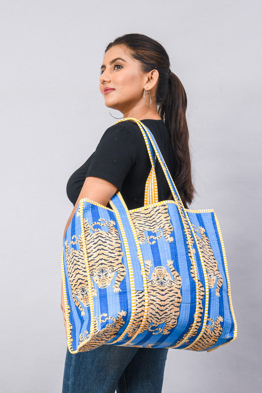 Jaipuri Tiger Print blue Tote Bag Indian Cotton Quilted Tote Bag Shopping Carry Bag Hand Bag Shoulder Market Daily Use Tote Bag