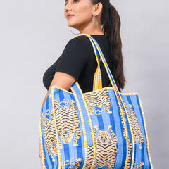 Jaipuri Tiger Print blue Tote Bag Indian Cotton Quilted Tote Bag Shopping Carry Bag Hand Bag Shoulder Market Daily Use Tote Bag