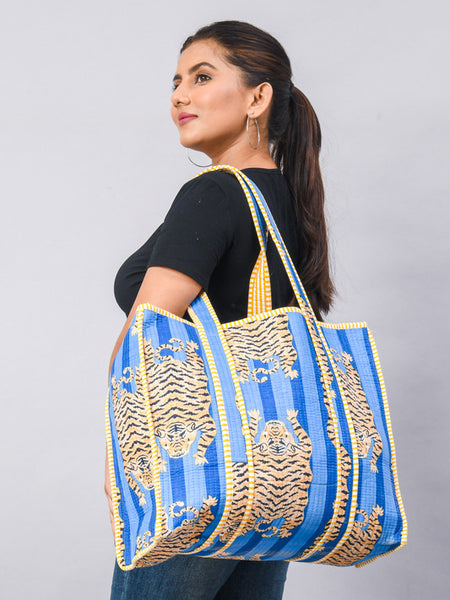 Jaipuri Tiger Print blue Tote Bag Indian Cotton Quilted Tote Bag Shopping Carry Bag Hand Bag Shoulder Market Daily Use Tote Bag
