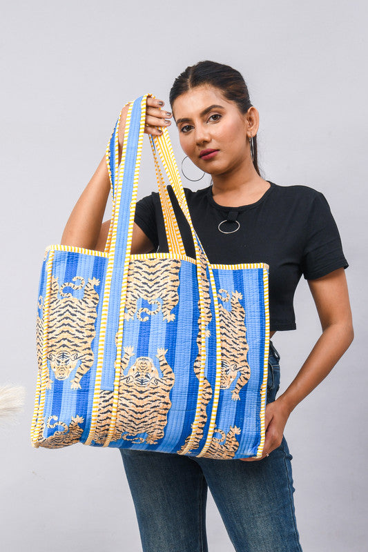 Jaipuri Tiger Print blue Tote Bag Indian Cotton Quilted Tote Bag Shopping Carry Bag Hand Bag Shoulder Market Daily Use Tote Bag