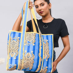 Jaipuri Tiger Print blue Tote Bag Indian Cotton Quilted Tote Bag Shopping Carry Bag Hand Bag Shoulder Market Daily Use Tote Bag