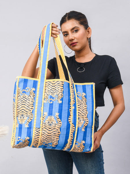 Jaipuri Tiger Print blue Tote Bag Indian Cotton Quilted Tote Bag Shopping Carry Bag Hand Bag Shoulder Market Daily Use Tote Bag