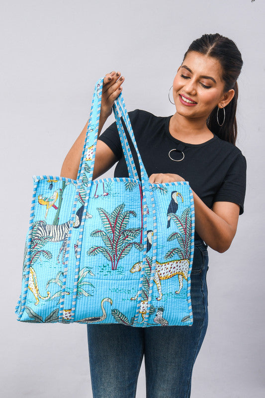 Jaipuri tiger Print Tote Bag Indian Cotton Quilted Tote Bag Shopping Carry Bag Hand Bag Shoulder Market Daily Use Tote Bag - 2