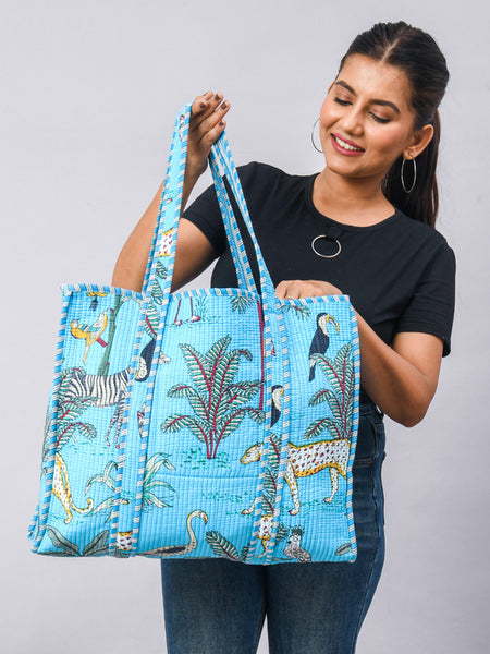 Jaipuri tiger Print Tote Bag Indian Cotton Quilted Tote Bag Shopping Carry Bag Hand Bag Shoulder Market Daily Use Tote Bag - 2