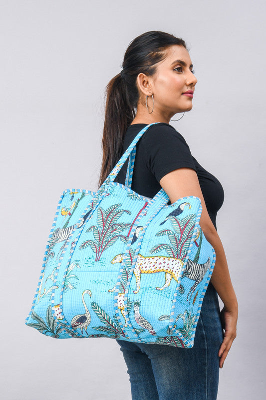 Jaipuri tiger Print Tote Bag Indian Cotton Quilted Tote Bag Shopping Carry Bag Hand Bag Shoulder Market Daily Use Tote Bag - 2