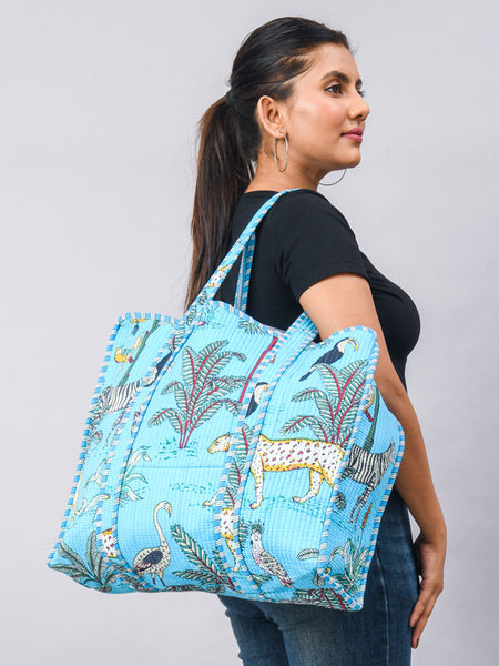 Jaipuri tiger Print Tote Bag Indian Cotton Quilted Tote Bag Shopping Carry Bag Hand Bag Shoulder Market Daily Use Tote Bag - 2