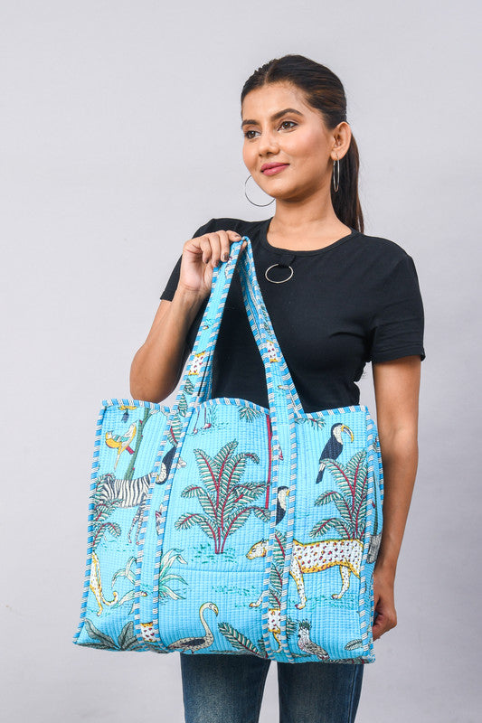 Jaipuri tiger Print Tote Bag Indian Cotton Quilted Tote Bag Shopping Carry Bag Hand Bag Shoulder Market Daily Use Tote Bag - 2